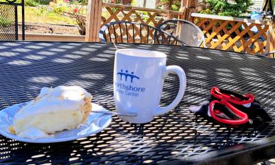 Pie and voffee outside cafe at NSSC.