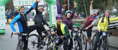 2025 Chilly Hilly riders celebrate their finish with silly poses