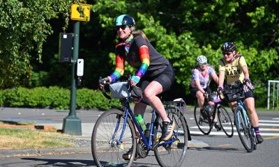 Riders round the corner on the Revel Revolution Ride in 2025.