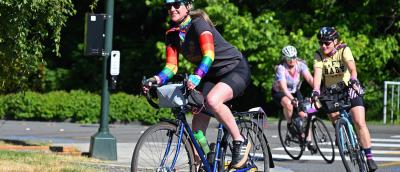 Riders round the corner on the Revel Revolution Ride in 2025.