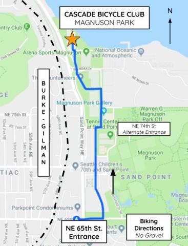 Biking directions to Cascade -- enter Magnuson Park via 65th St off the Burke-Gilman Trail and travel through the park