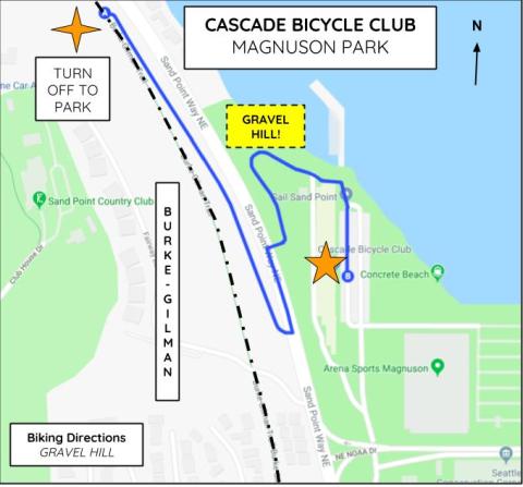Bike the Burke-Gilman Trail to enter Magnuson Park via the gravel hill