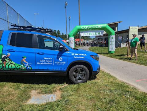 The truck provided by Western Washington Honda Dealers is parked at the finish line of the 2023 Flying Wheels