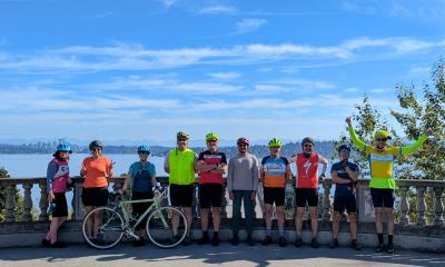 Cyclists at the Overlook that is above I 90, looking east towards Bellevue. October 2024 