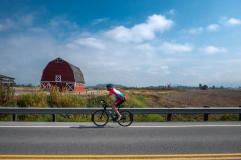 A RSVP participant bikes past a barn near Skagit Valley farmlands