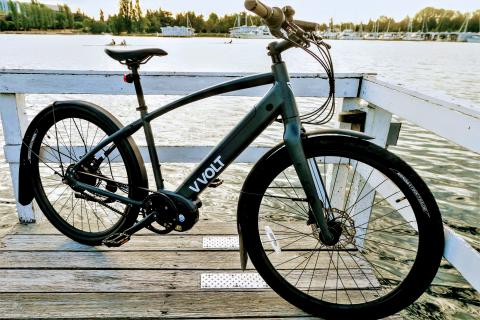 Portland-based Vvolt, an e-bike company, displays its Centauri on a dock