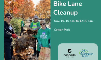 Volunteers clear leaves from a bike lane. 