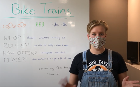 A woman wearing a mask stands in front of a whiteboard.