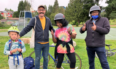 Adults and children enjoying a bike to school day in 2023