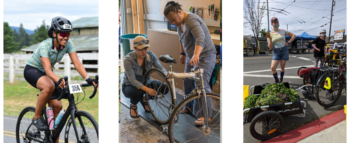 Photo 1) A Black woman biking STP 2) An Asian woman being taught how to fix a flat tire. 3) A white person holding some kale and standing behind a Pedaling Relief Project cargo bike.