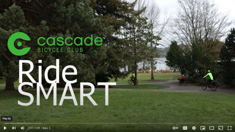 The opening screen of the Cascade Free Group Rides "Ride Smart" video with the Cascade logo