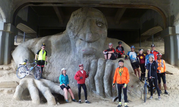 Cyclists at the Fremont Troll